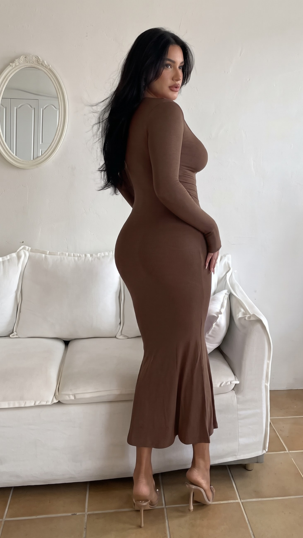 Chocolate Brown Bodycon Maxi Dress with Long Sleeves & Scarf