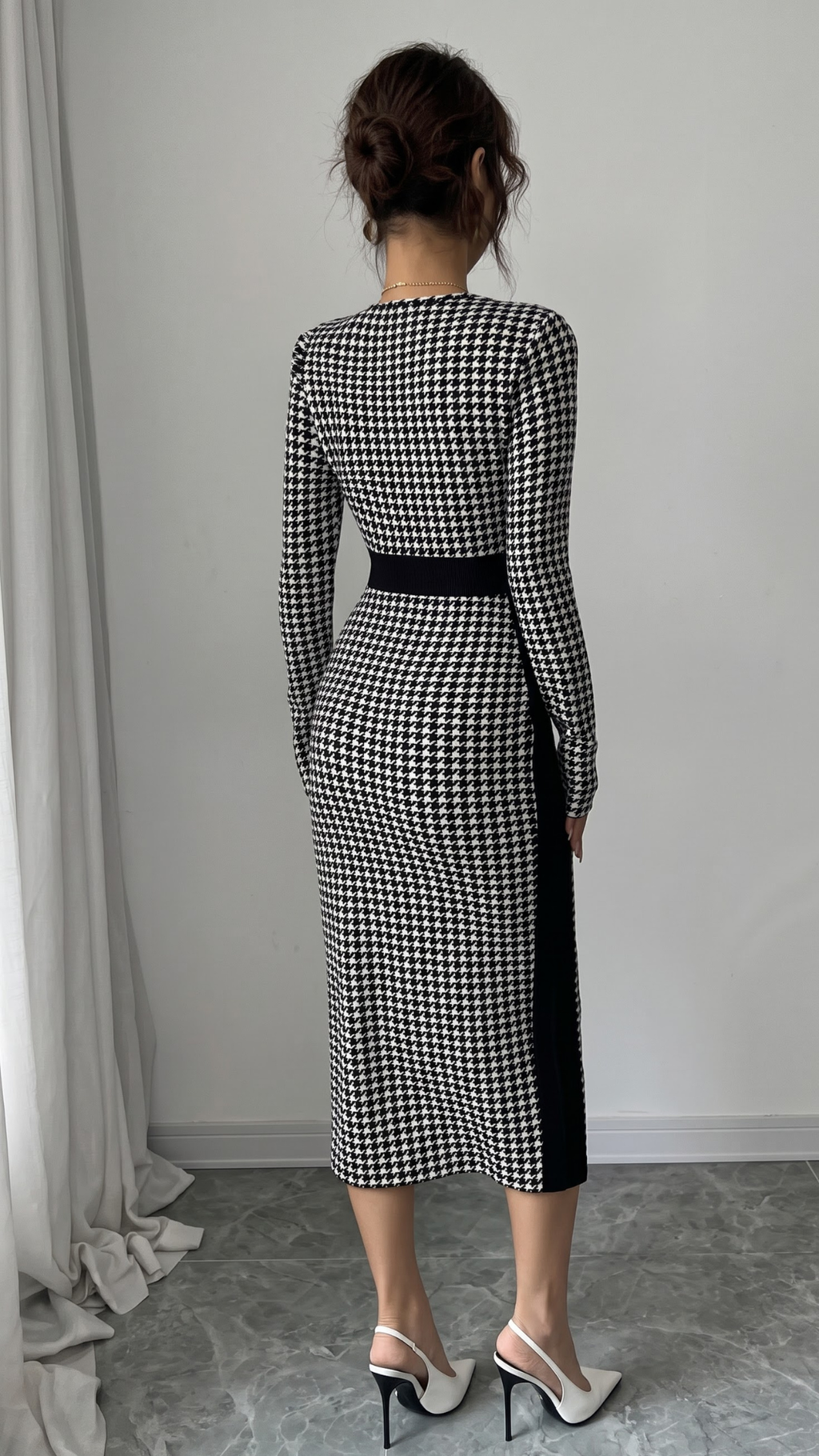 Black Houndstooth Print Square Neck Long Sleeve Bodycon Midi Dress