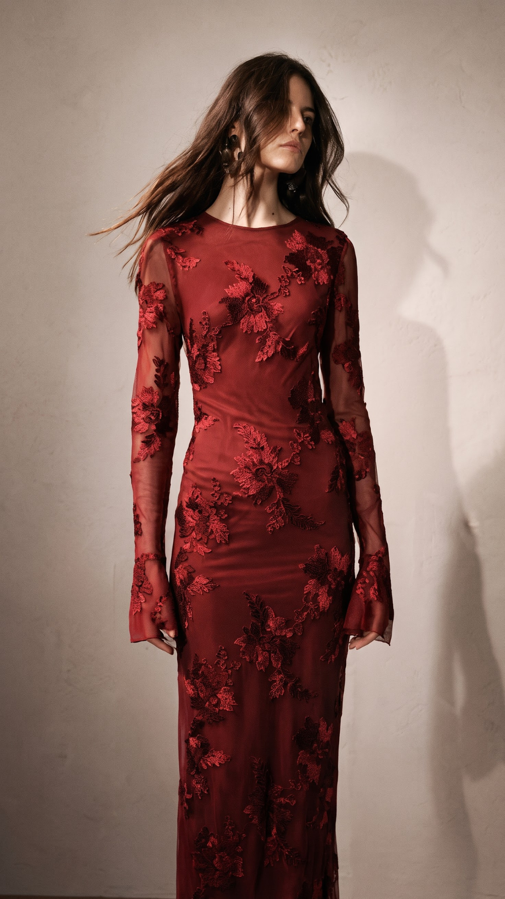 Maroon Floral Embroidered Bodycon Dress with Long Sleeves