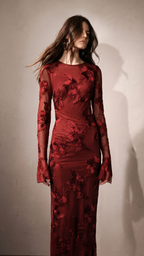 Maroon Floral Embroidered Bodycon Dress with Long Sleeves