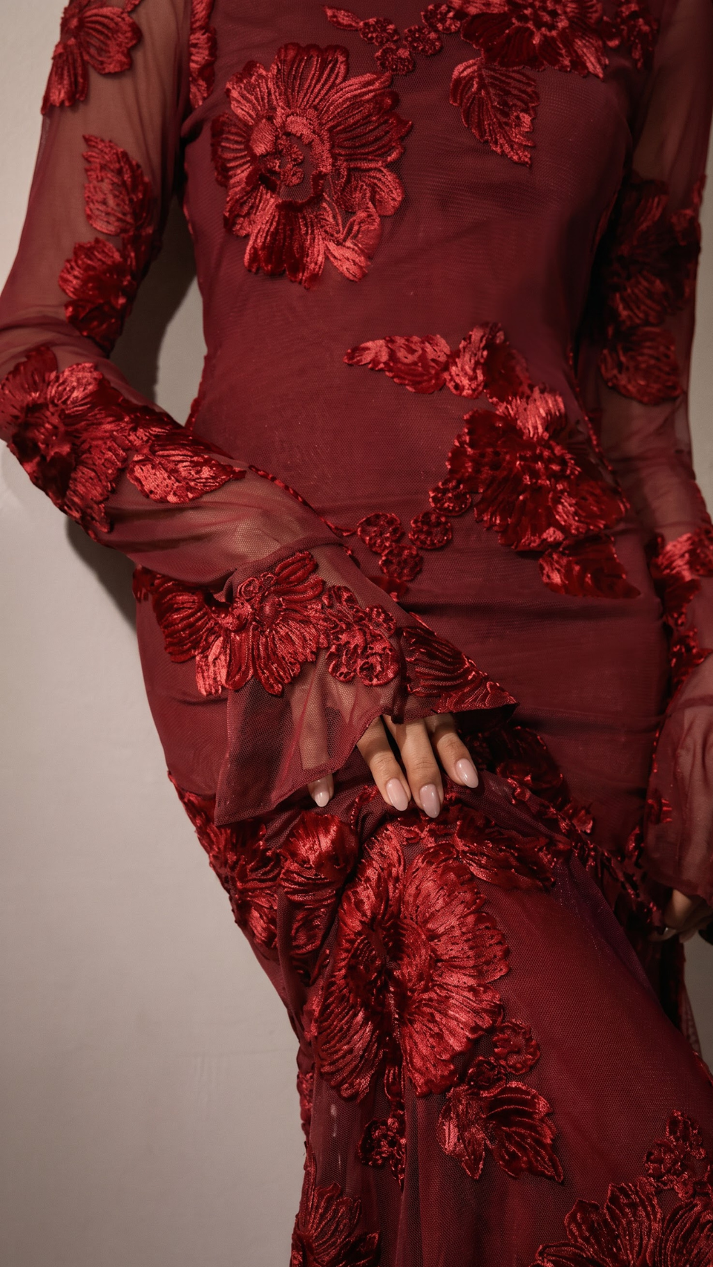 Maroon Floral Embroidered Bodycon Dress with Long Sleeves