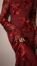 Maroon Floral Embroidered Bodycon Dress with Long Sleeves