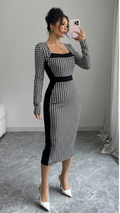 Black Houndstooth Print Square Neck Long Sleeve Bodycon Midi Dress