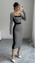 Black Houndstooth Print Square Neck Long Sleeve Bodycon Midi Dress