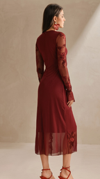 Maroon Floral Embroidered Bodycon Dress with Long Sleeves