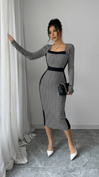 Black Houndstooth Print Square Neck Long Sleeve Bodycon Midi Dress