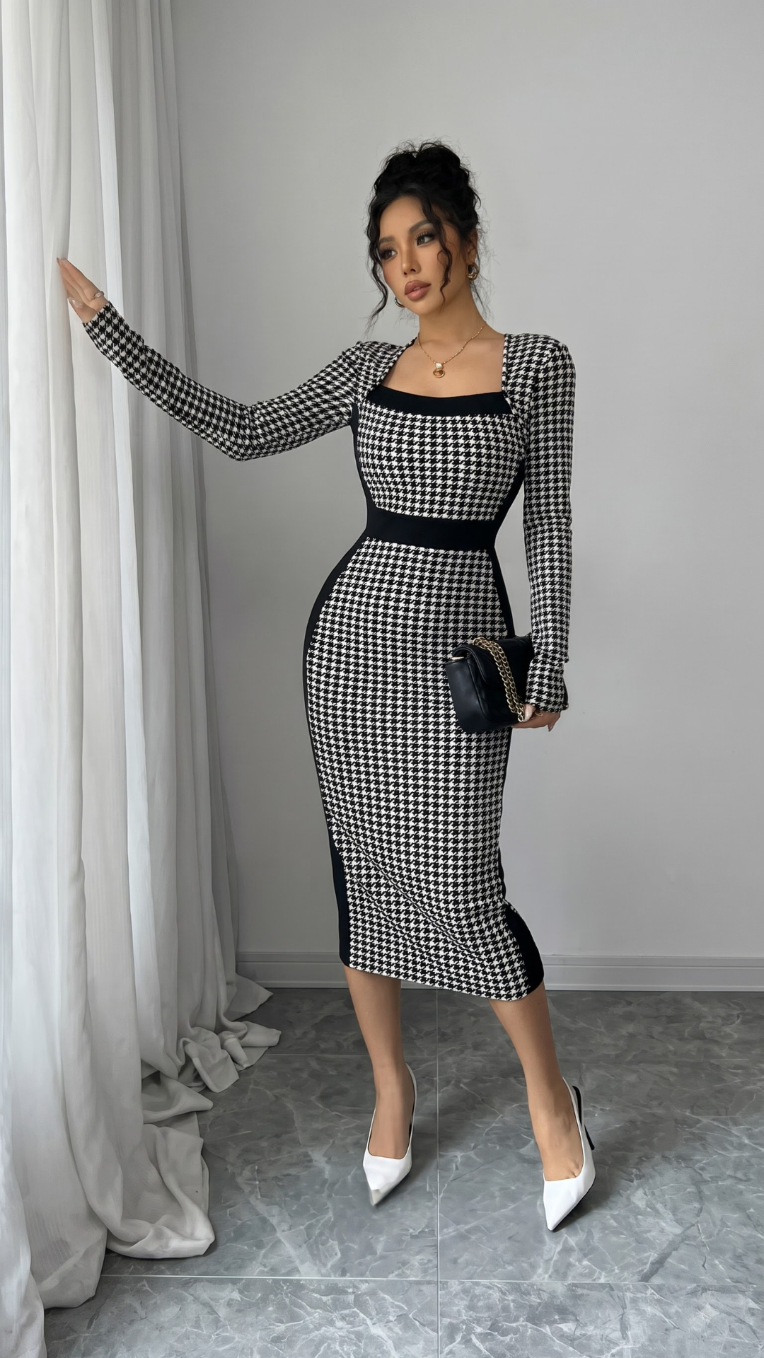 Black Houndstooth Print Square Neck Long Sleeve Bodycon Midi Dress
