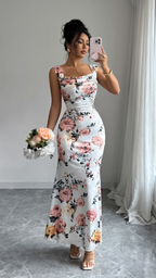 White Floral Print Sleeveless Fit and Flare Maxi Dress with Wide Straps