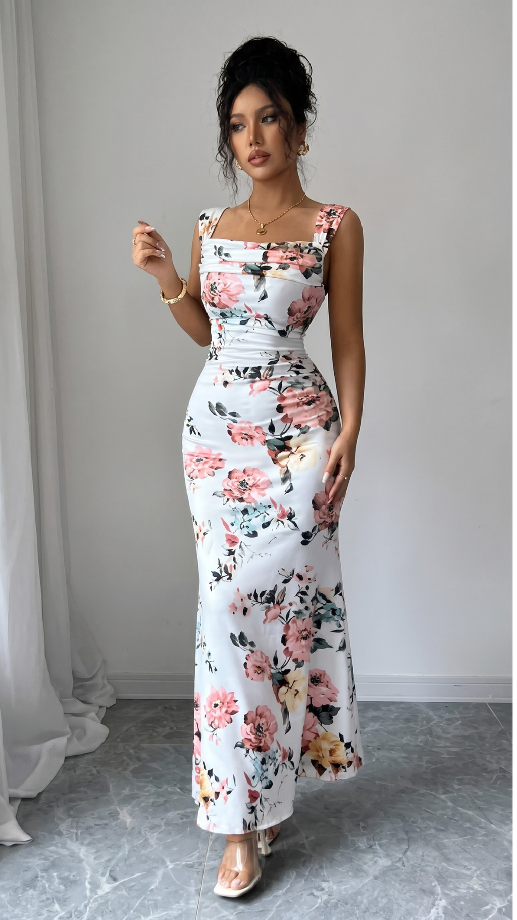 White Floral Print Sleeveless Fit and Flare Maxi Dress with Wide Straps