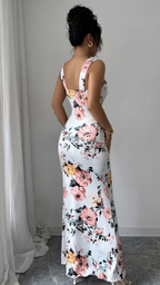 White Floral Print Sleeveless Fit and Flare Maxi Dress with Wide Straps