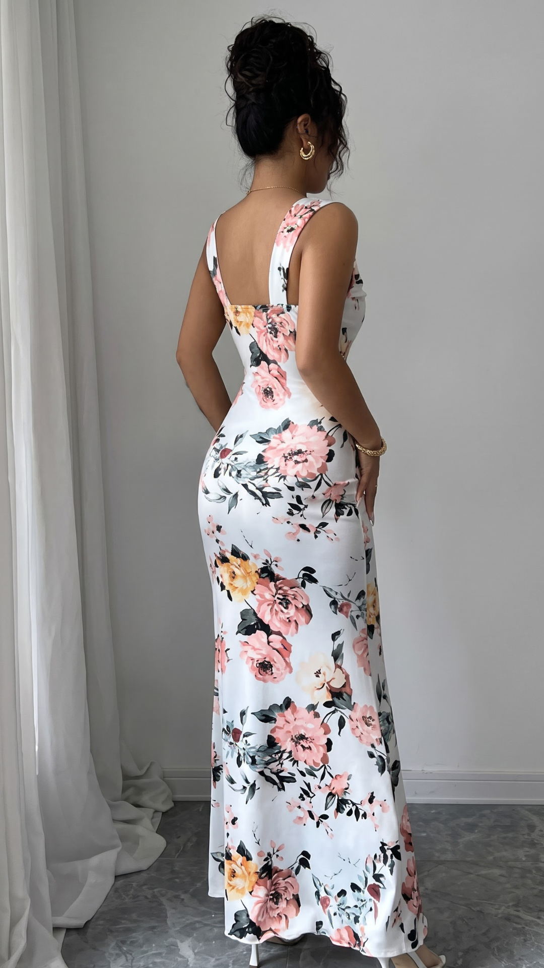 White Floral Print Sleeveless Fit and Flare Maxi Dress with Wide Straps