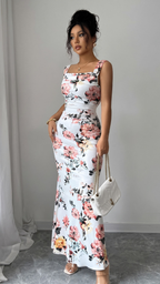 White Floral Print Sleeveless Fit and Flare Maxi Dress with Wide Straps
