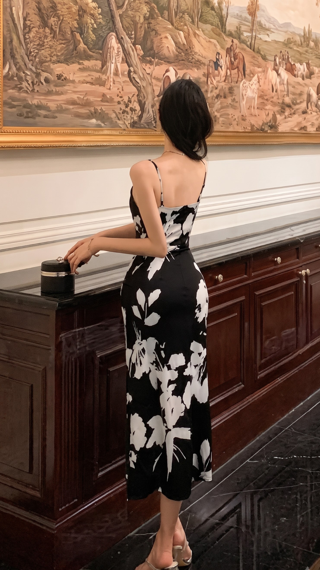 Black Floral Print Spaghetti Strap Fit & Flare Dress