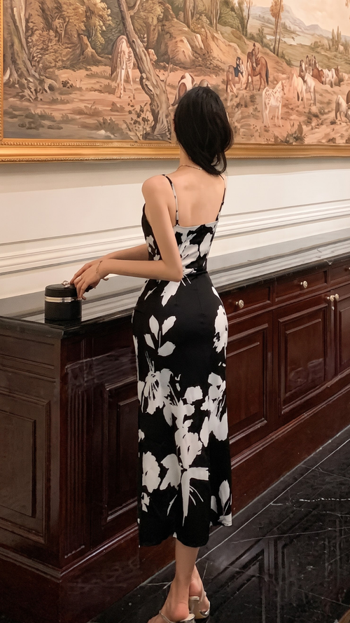 Black Floral Print Spaghetti Strap Fit & Flare Dress
