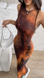 Maroon & Burnt Orange Abstract Print Sleeveless Bodycon Maxi Dress