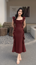 Cherry Red Cowl Neck Sleeveless Ruffle A-Line Maxi Dress