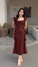 Cherry Red Cowl Neck Sleeveless Ruffle A-Line Maxi Dress
