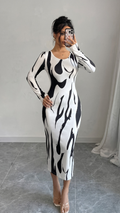 Black & White Abstract Print Midi Dress with Three-Quarter Sleeves