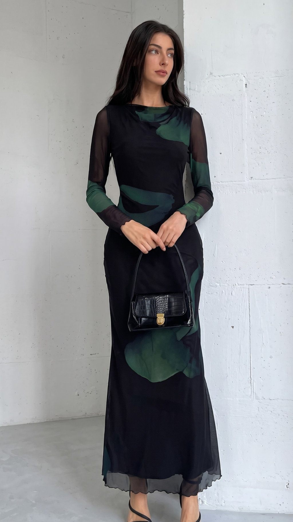 Black & Emerald Green Abstract Print Bodycon Maxi Dress