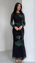 Black & Emerald Green Abstract Print Bodycon Maxi Dress