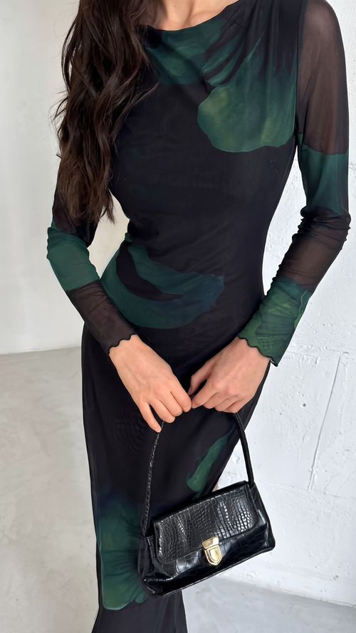 Black & Emerald Green Abstract Print Bodycon Maxi Dress