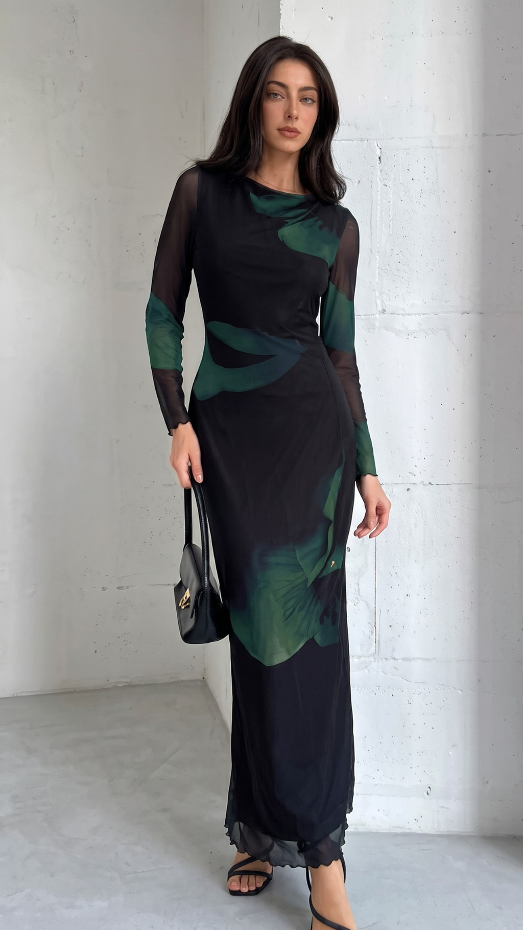 Black & Emerald Green Abstract Print Bodycon Maxi Dress