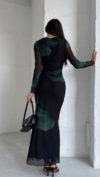Black & Emerald Green Abstract Print Bodycon Maxi Dress