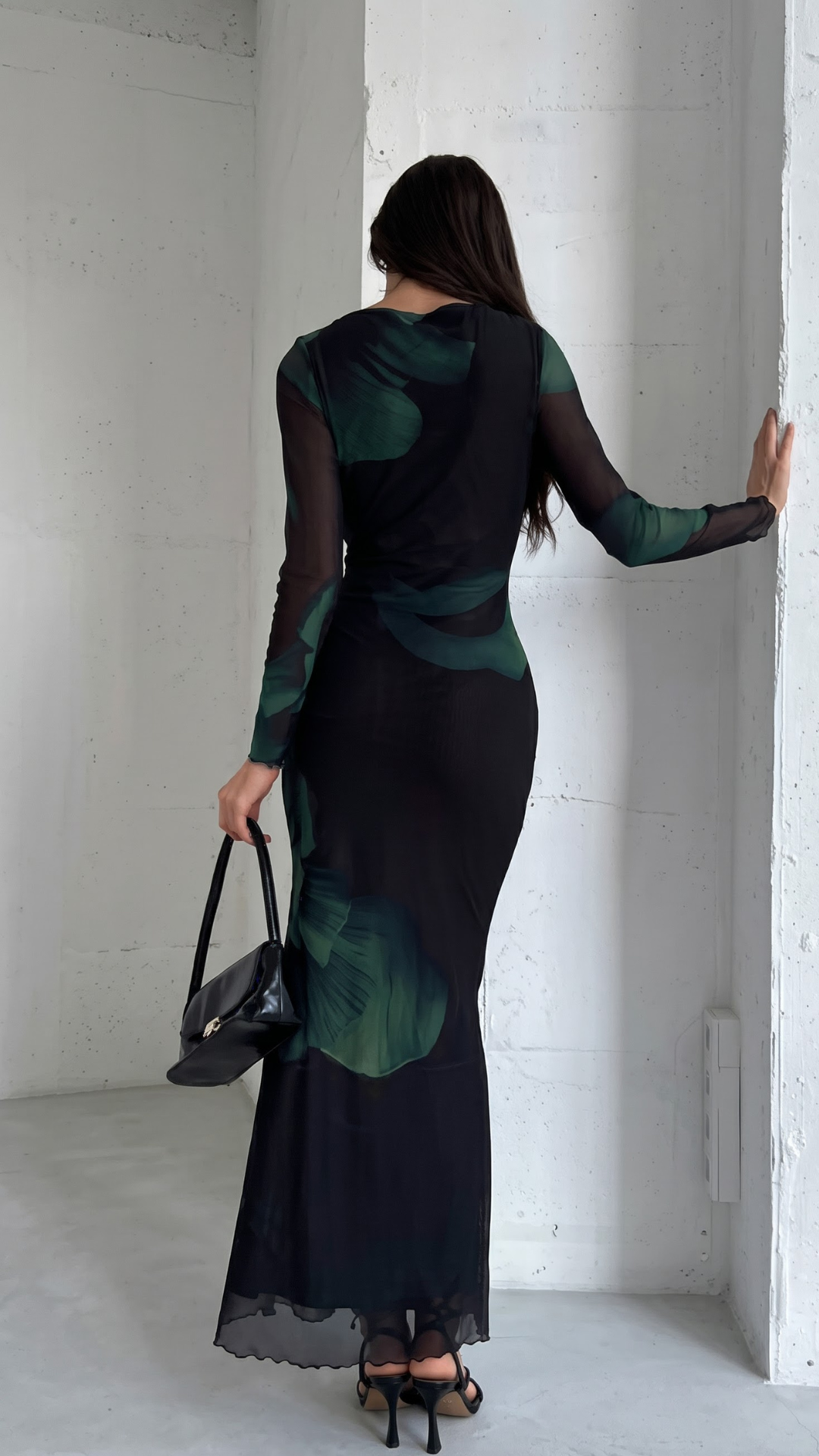 Black & Emerald Green Abstract Print Bodycon Maxi Dress