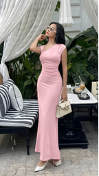 Elegant Pink Sleeveless Pleated Bodycon Maxi Dress with Shoulder Straps
