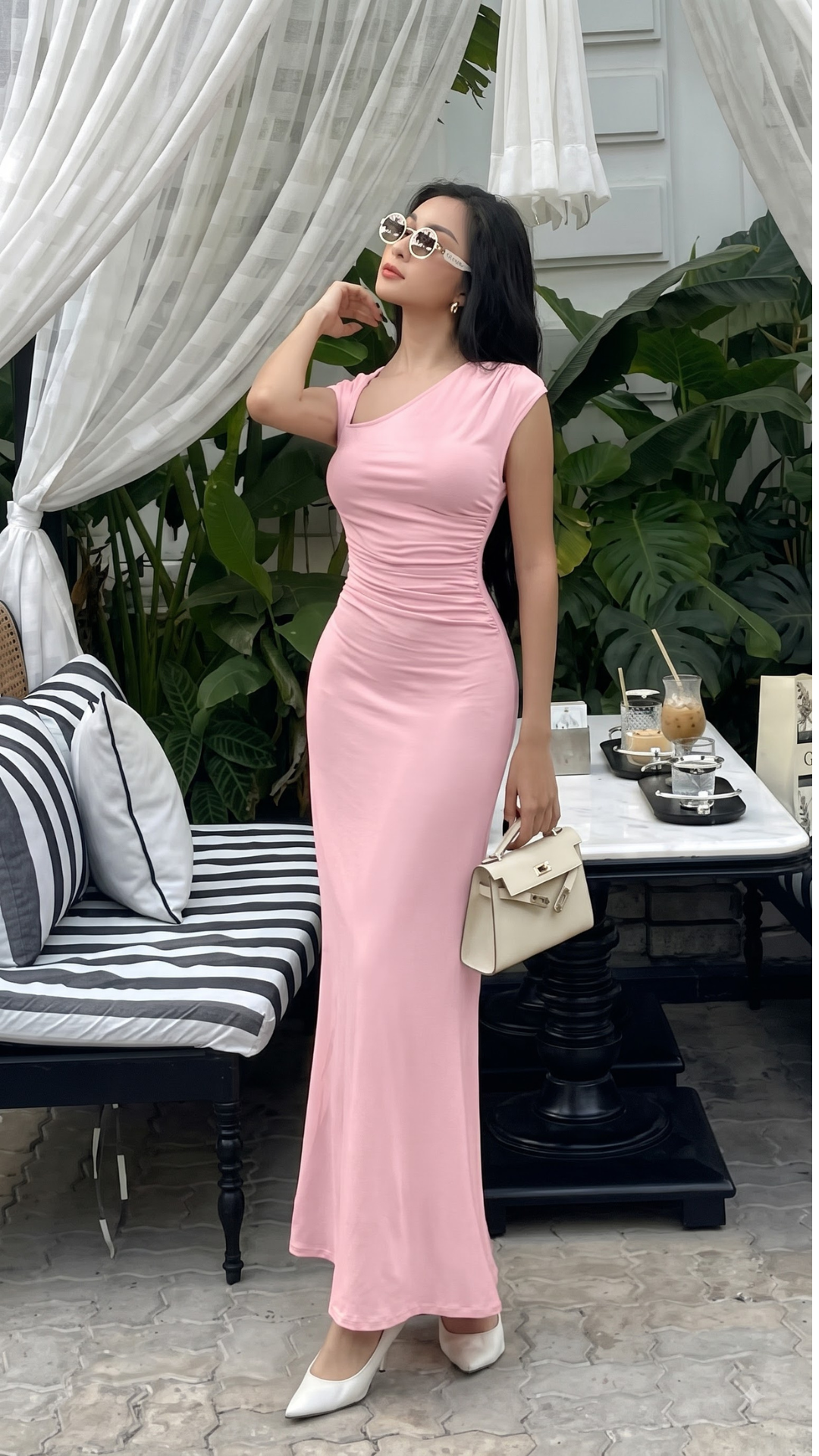 Elegant Pink Sleeveless Pleated Bodycon Maxi Dress with Shoulder Straps