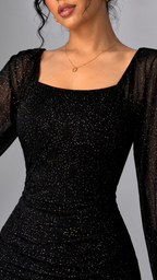 Black Shimmer Bodycon Maxi Dress with Long Sleeves