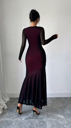 Black Mesh Bodycon Maxi Dress with Square Neck & Long Sleeves