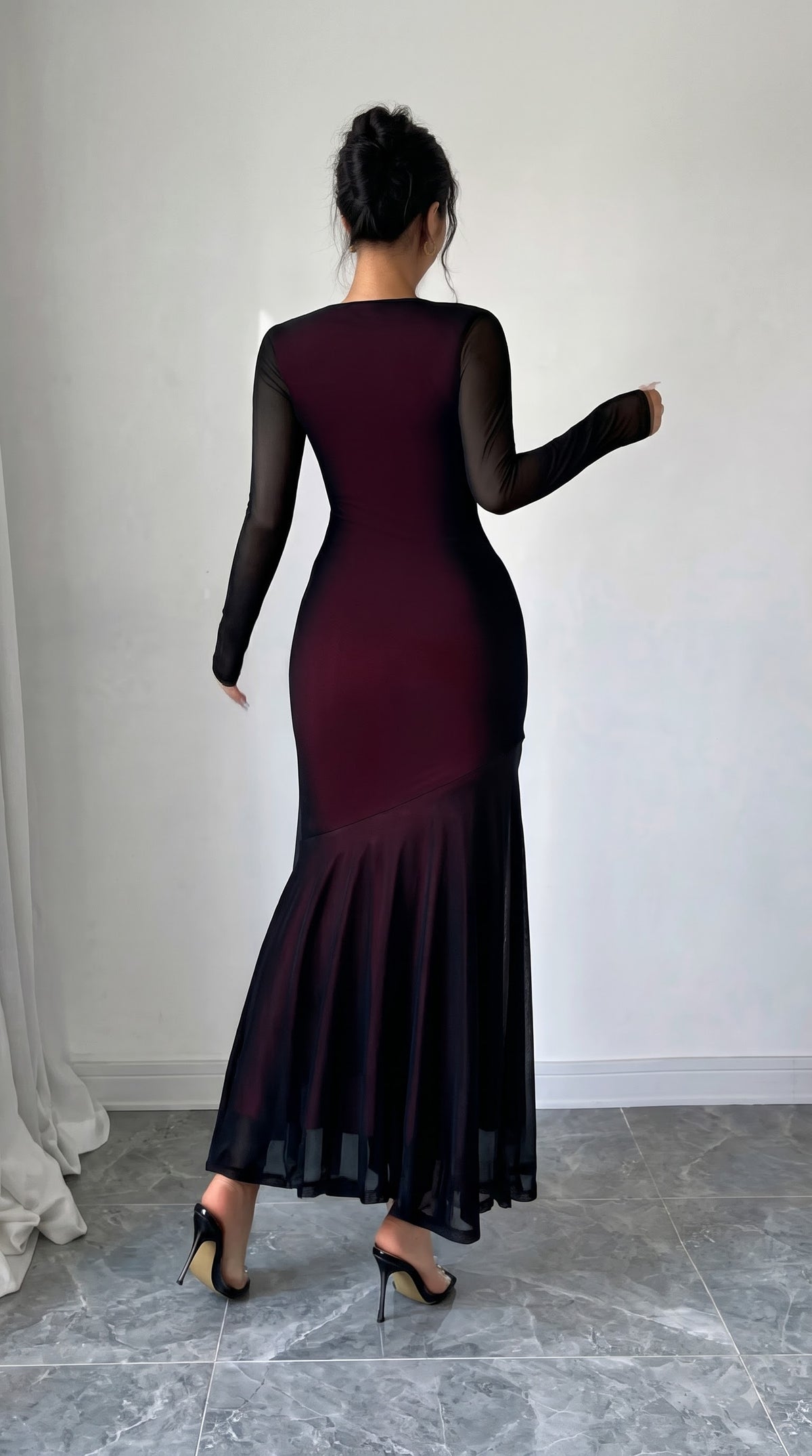Black Mesh Bodycon Maxi Dress with Square Neck & Long Sleeves
