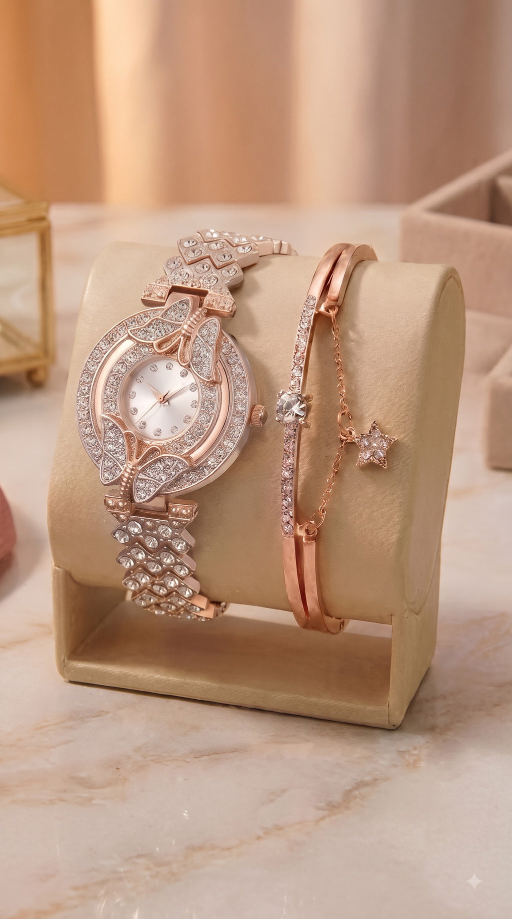 Jewelleza Rose Gold Analog Watch & Bracelet Set for Women