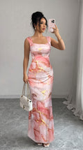 Pink Marble Print Sleeveless Maxi Dress