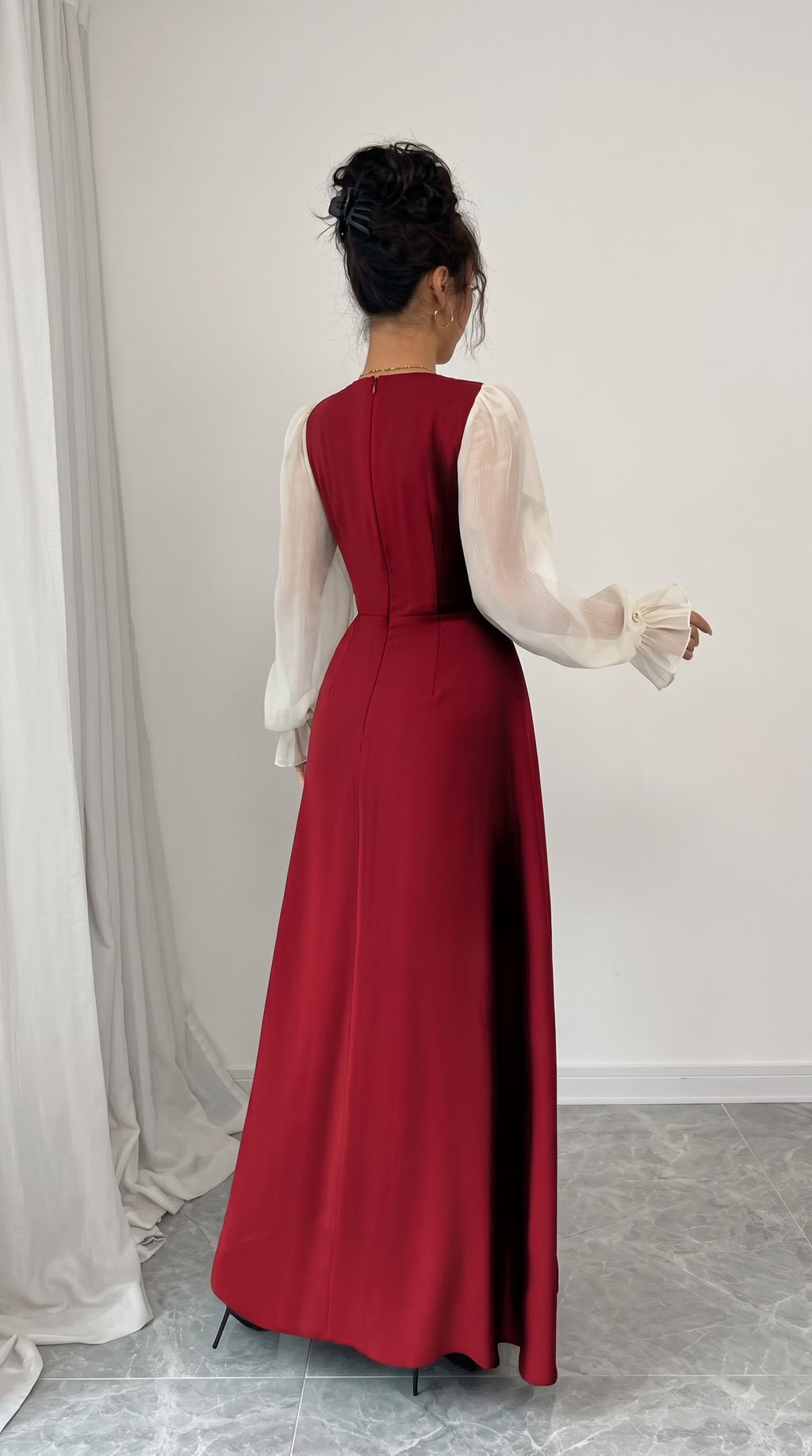 Maroon Square Neck Maxi Dress with Sheer Puff Sleeves