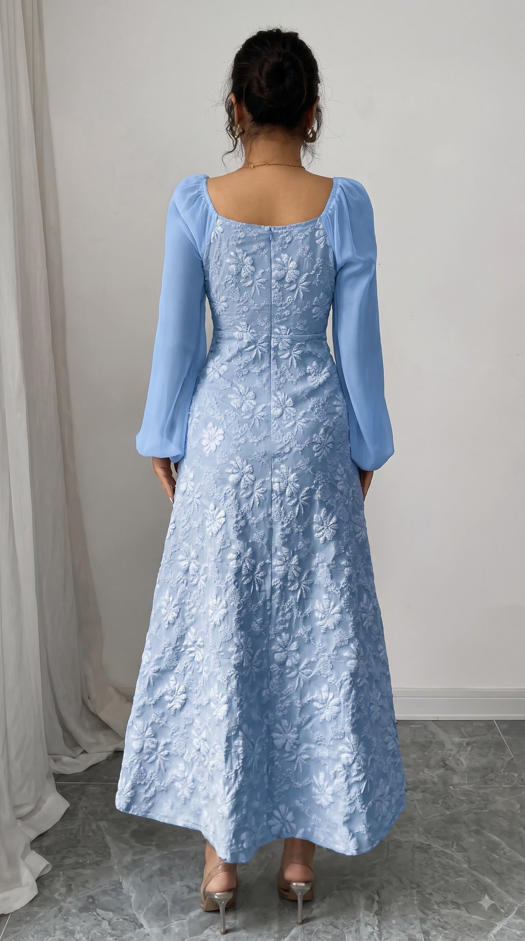 Elegant White Jacquard Fit & Flare Dress with V-Neck