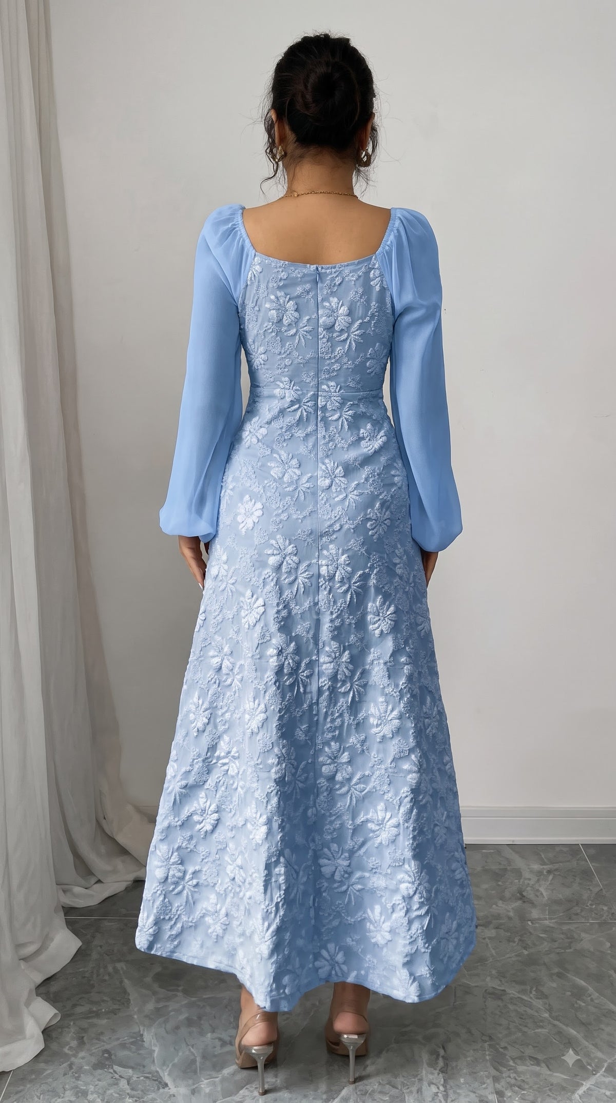 Elegant White Jacquard Fit & Flare Dress with V-Neck