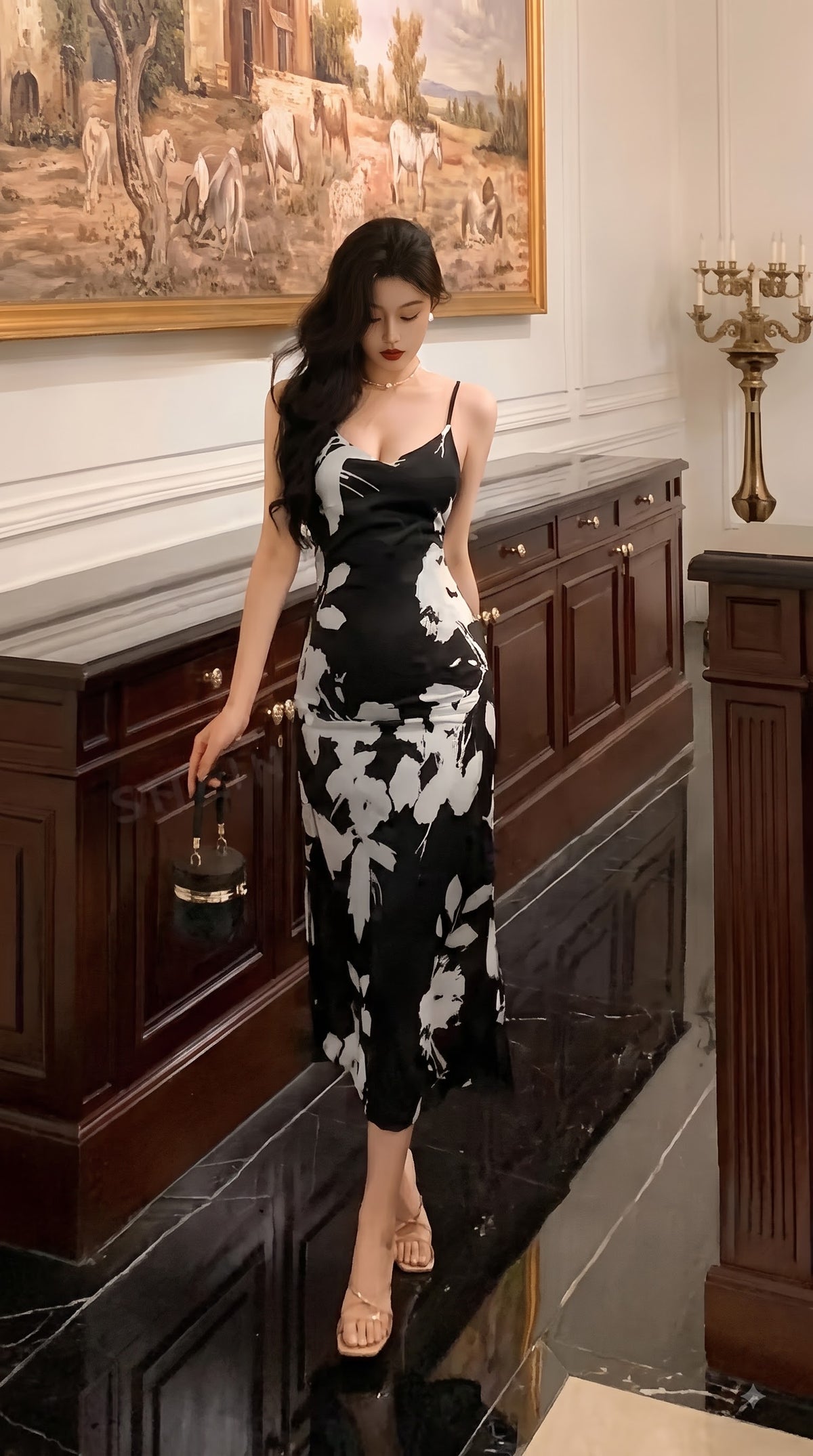 Black Floral Print Spaghetti Strap Fit & Flare Dress