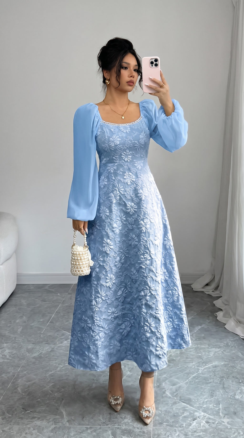 Elegant White Jacquard Fit & Flare Dress with V-Neck