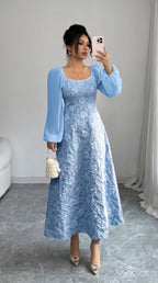 Elegant White Jacquard Fit & Flare Dress with V-Neck