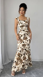 White Floral Print Spaghetti Strap Fit & Flare Dress