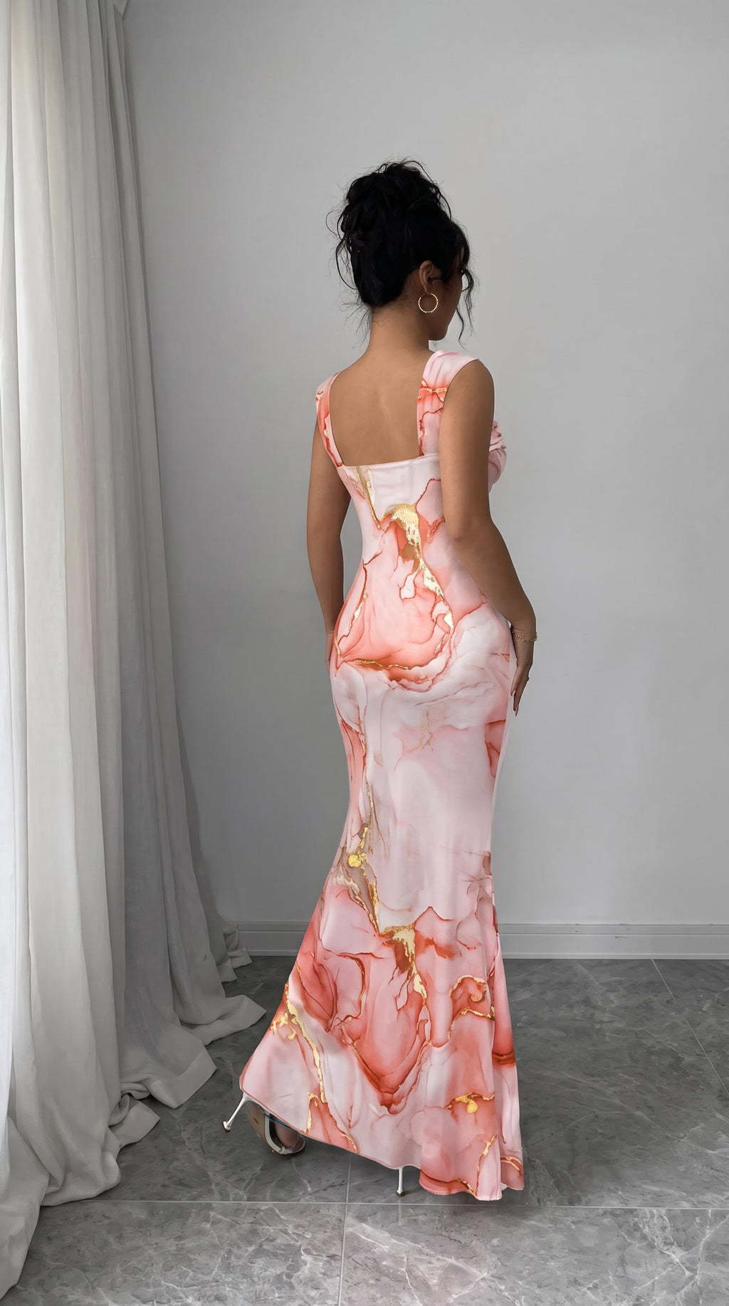 Pink Marble Print Sleeveless Maxi Dress