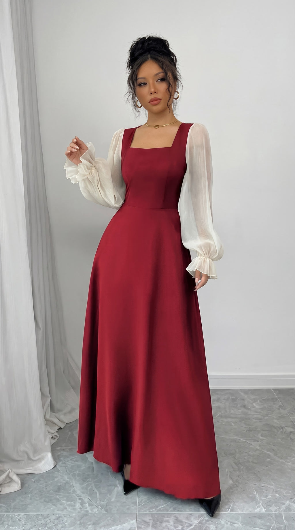 Maroon Square Neck Maxi Dress with Sheer Puff Sleeves