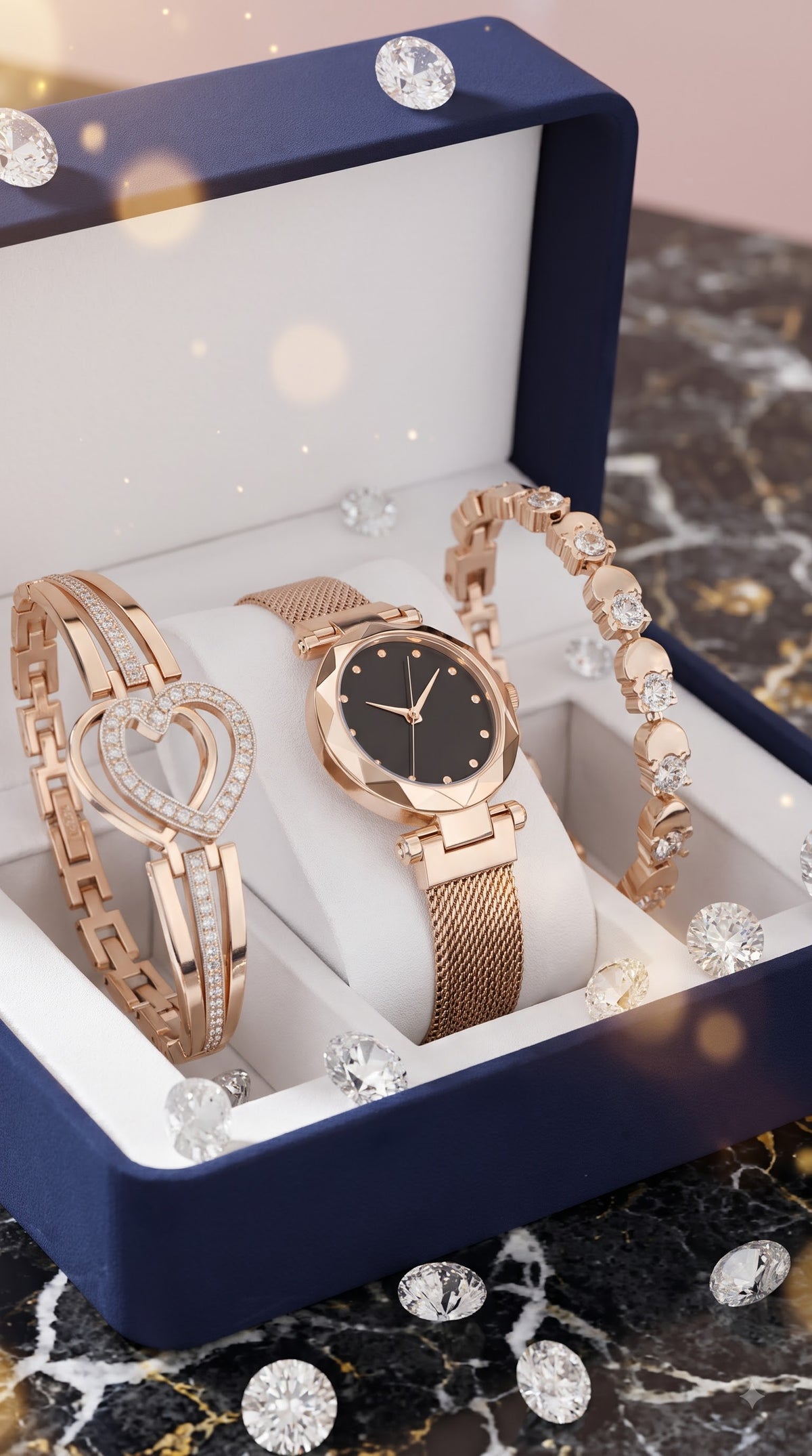 Jewelleza Rose Gold Analog Watch with Heart Bracelet Combo for Women