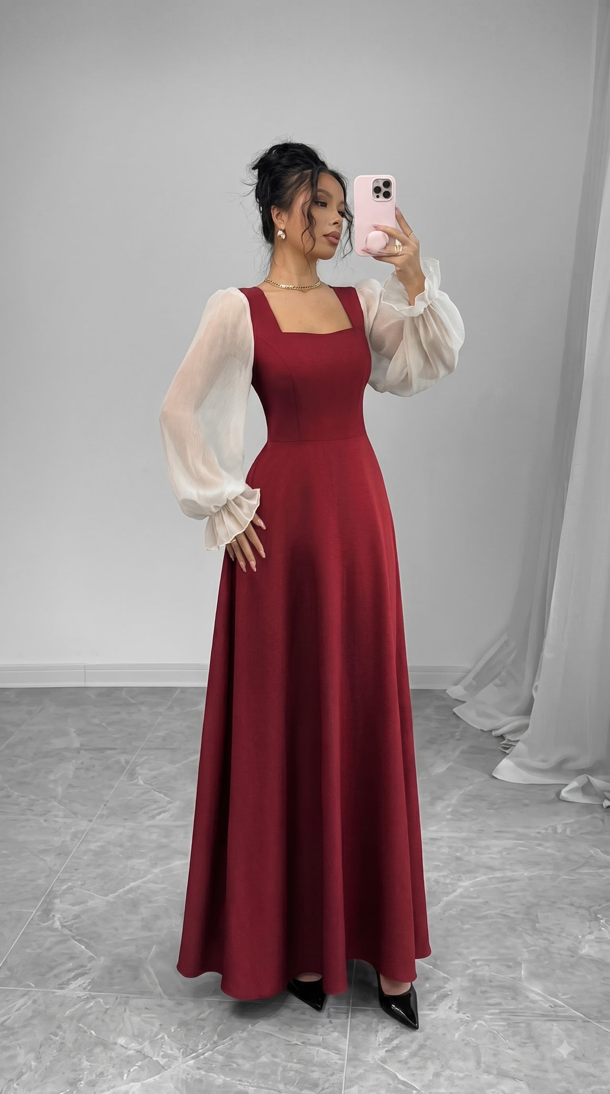 Maroon Square Neck Maxi Dress with Sheer Puff Sleeves