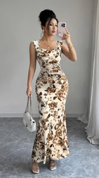 White Floral Print Spaghetti Strap Fit & Flare Dress