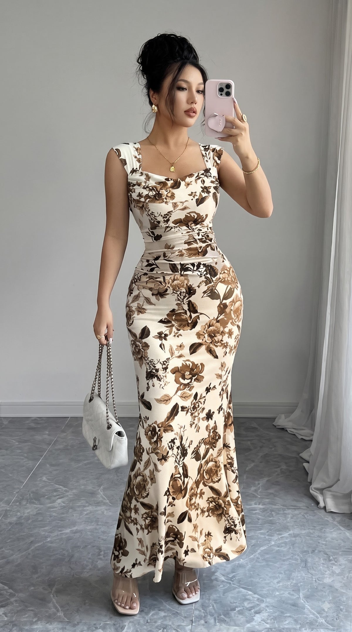 White Floral Print Spaghetti Strap Fit & Flare Dress