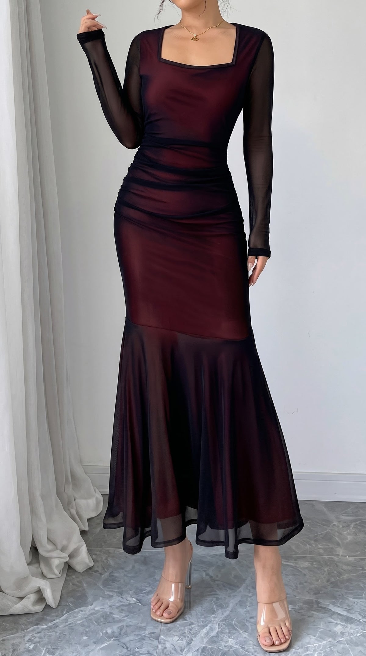 Black Mesh Bodycon Maxi Dress with Square Neck & Long Sleeves