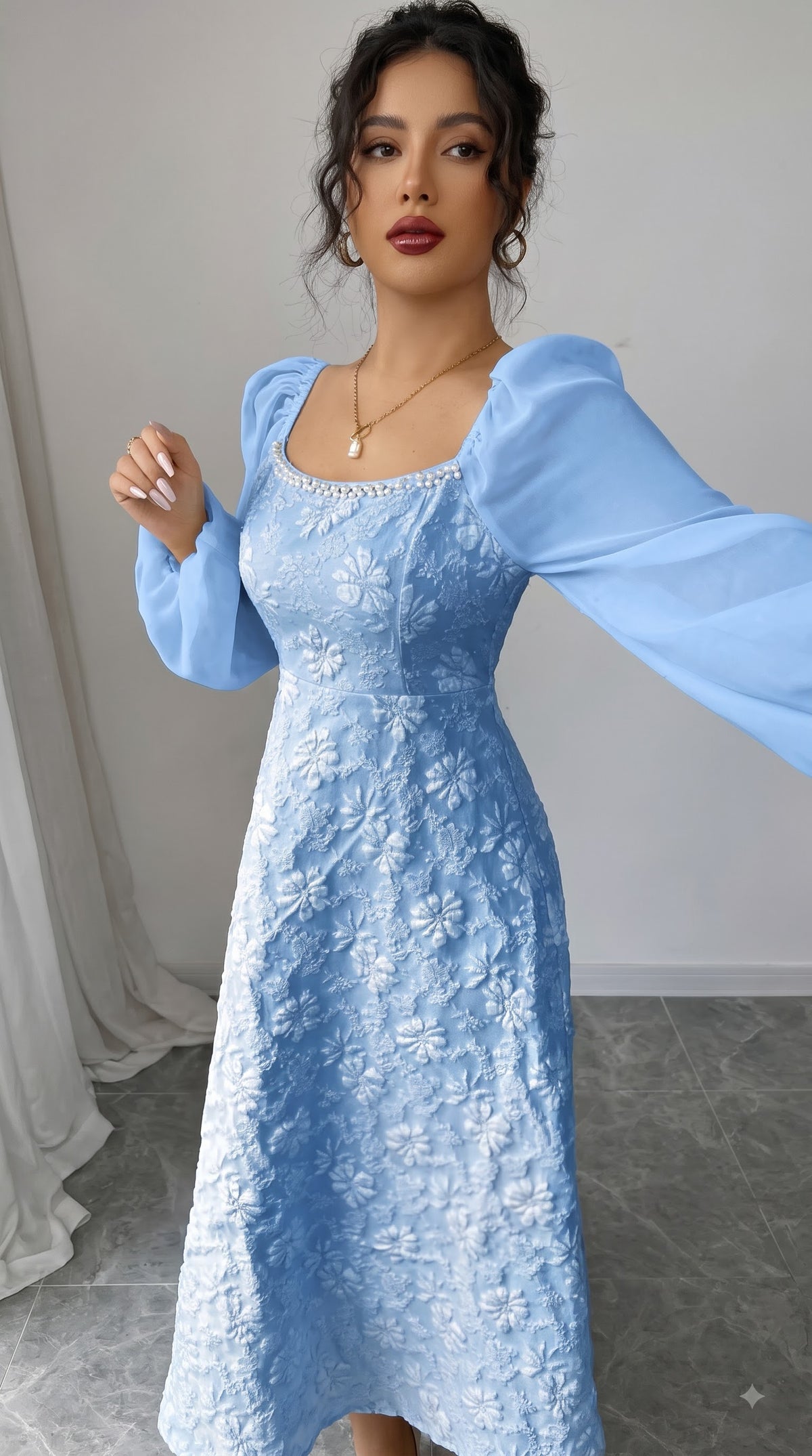 Elegant White Jacquard Fit & Flare Dress with V-Neck
